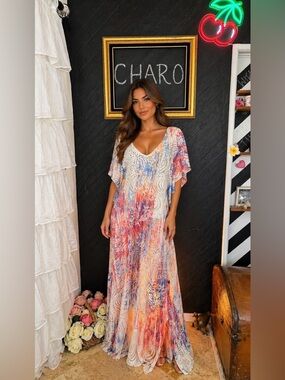 Reba XL Multicolor Lace Overlay Kaftan Maxi Dress Beach Coverup Made in USA